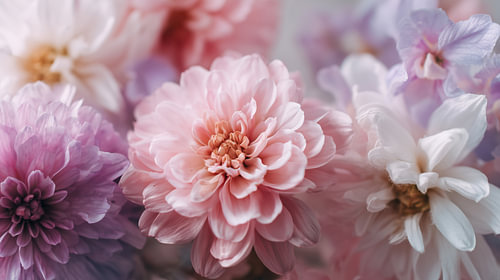 Roze dahlia en witte bloemen zachte tinten panorama