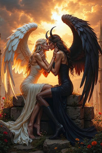 MORRIGANIS: Lesbian Kiss between Angel and Demoness by INFERAURUM