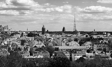 Leipzig - Panorama Skyline: Uitzicht over de wijk Connewitz naar het Völkerschlachtdenkmal in zwart-wit van Frank Herrmann