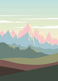 Minimalistische Vektorillustration einer flachen Naturlandschaft mit farbenfrohen, übereinanderliegenden Bergketten unter einem sanften Pastellhimmel. von Adam Khabibi