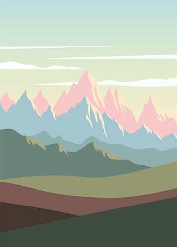 Minimalistische Vektorillustration einer flachen Naturlandschaft mit farbenfrohen, übereinanderliegenden Bergketten unter einem sanften Pastellhimmel.