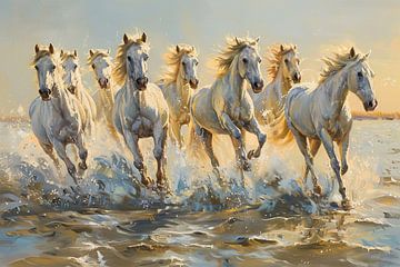 Een kudde paarden die galopperen over water van Thea