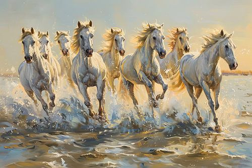 A herd of horses galloping over water