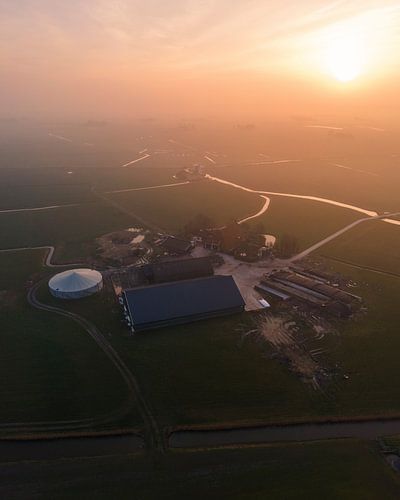Boerderij in mistig polderlandschap bij zonsopkomst