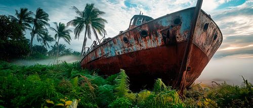 Roestig schip in de jungle