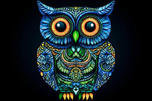 Oeuvre d'art abstraite et colorée représentant un hibou