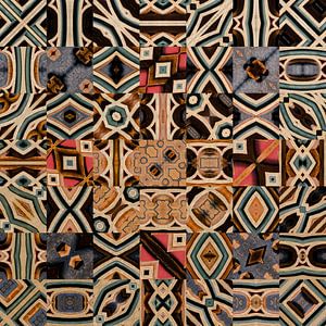 Abstract werk op basis van middeleeuws houtsnijwerk