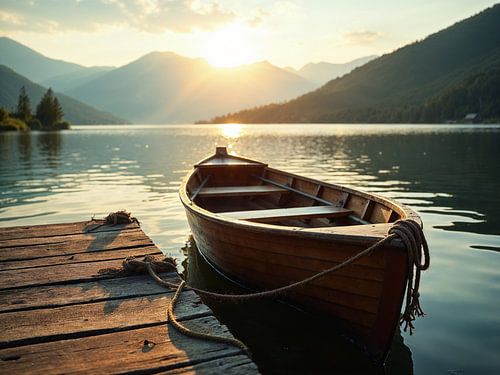 Ein Ruderboot liegt am Steg eines Bergsees