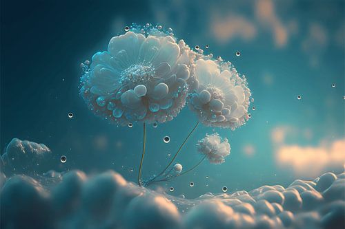 Flowers in the clouds with frozen dewdrops