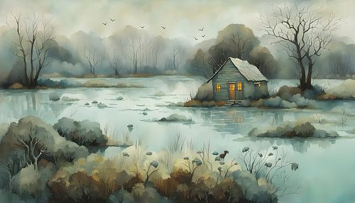 Wooden hut by a lake