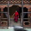 Un moine bhoutanais en robe rouge descend les escaliers sur Teun Janssen