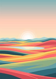 Minimalistische Flachillustration von farbenfrohen, sanft geschwungenen Hügeln und einem ruhigen See bei Sonnenuntergang. von Adam Khabibi