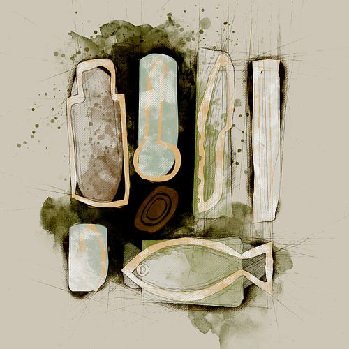 Stilleben mit Fisch und Tafelgeschirr