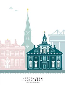 Skyline illustration city Heerenveen in color by Mevrouw Emmer