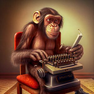 Porträt eines Schimpansen an einer alten Schreibmaschine von Animaflora PicsStock