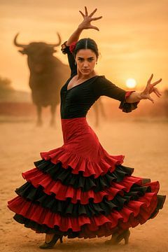 Duel in het licht - flamenco tussen zon en stier van Klaus Tesching - Art-AI