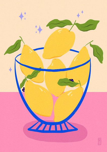 Lemons in a Bowl Retro Illustration by Dirkie Nell