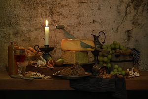 Stilleben mit Käse, Brot und Obst