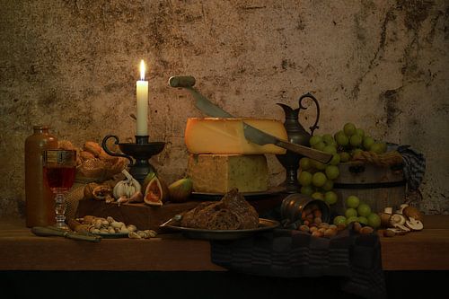 Cheese, bread and fruit still life