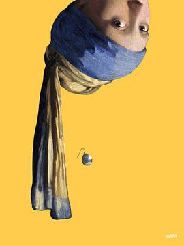 Vermeer Meisje met de Parel Ondersteboven - popart okergeel van Miauw webshop