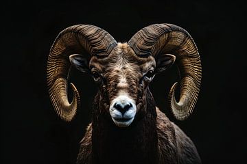 Portret van een Ram tegen een Zwarte Achtergrond van De Muurdecoratie
