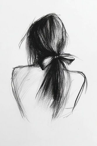 Houtskool tekening rug van vrouw met strik in haar