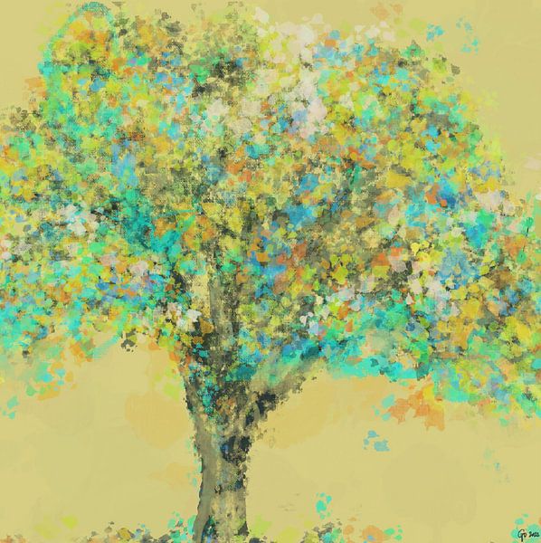 Tree in colourful splashes by Go van Kampen
