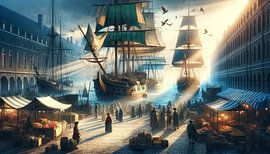 Dageraad in de historische haven van artefacti