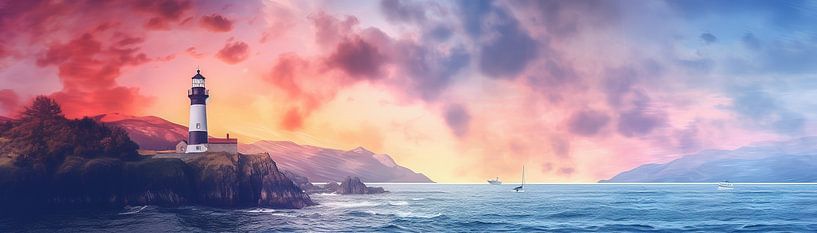 Coastline Evening Light | Lighthouse Sunset by Abstract Painting