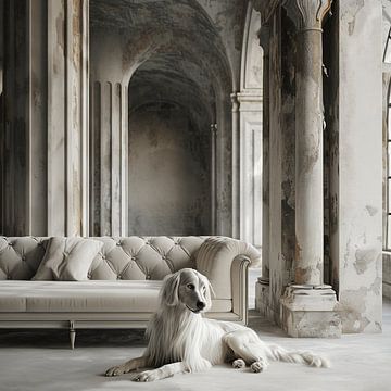 Entre baroque et béton : la sérénade du chien blanc sur Karina Brouwer