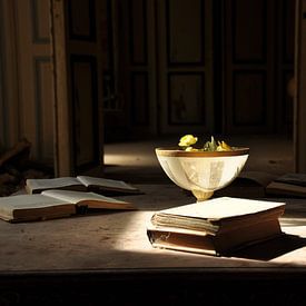 Vaas met boeken in het licht van Roy Coumans
