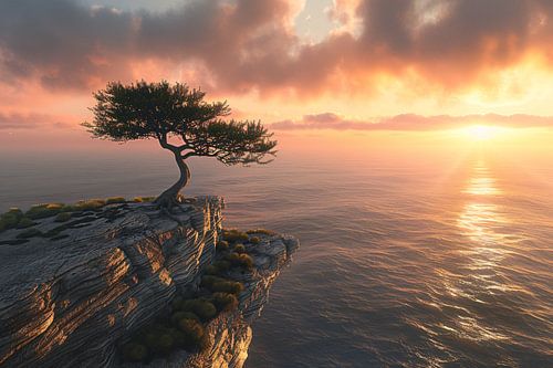 Boom op klif met zonsondergang zee