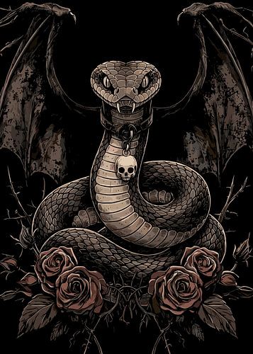 Gevleugelde slang met schedel en rozen