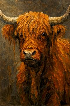 Roodbruine Schotse Hooglander met karakter (portret wilde koe krachtige hoorns dikke acryl verf penseelstreken stoer aards donker ) van Natalie Bruns