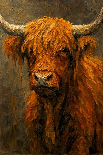 Roodbruine Schotse Hooglander met karakter (portret wilde koe krachtige hoorns dikke acryl verf penseelstreken stoer aards donker )