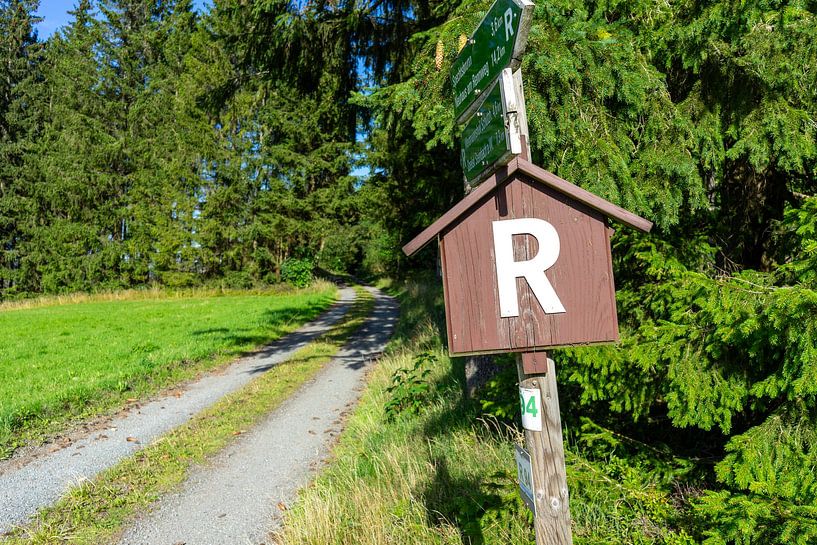 Panneau indicateur Rennsteig sur le sentier de randonnée dans la forêt de Thuringe, Allemagne par Animaflora PicsStock