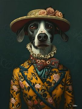 dog in Victorian dress