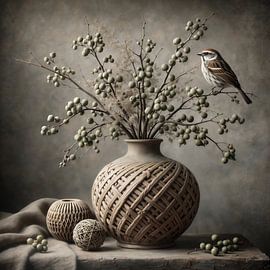 Verstild Gevlochten – bloemenschilderij met vogel en aardetinten van Kleurenrijk