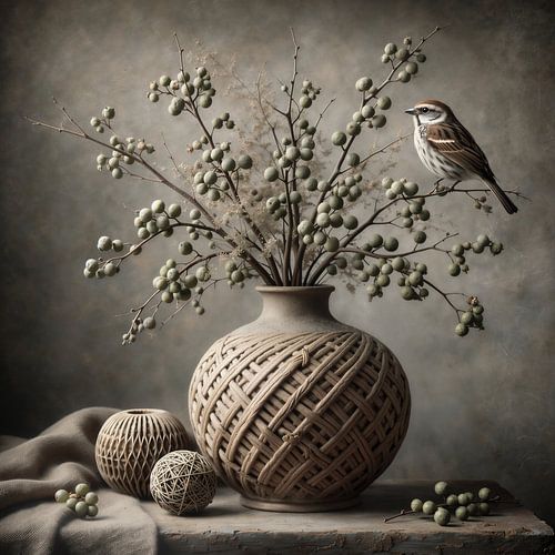 Verstild Gevlochten – bloemenschilderij met vogel en aardetinten