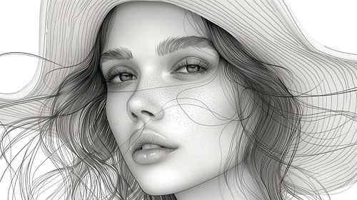 Golvende Schoonheid: Vrouw met Hoed in Lijnkunst