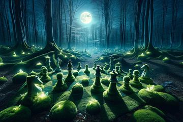 Magisch schaakspel in het maanverlichte bos van artefacti