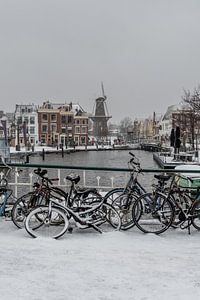 Leiden - fietsen op een besneeuwde blauwpoortsbrug (0098) van Reezyard