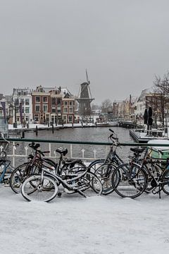Leiden - Radfahren auf einer verschneiten blauen Hafenbrücke (0098) von Reezyard