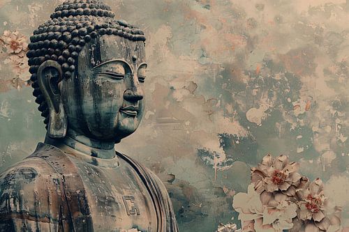 Serene Boeddha met bloemen in sepia