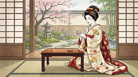 Eine anmutige Geisha genießt ihren Tee in einem ruhigen japanischen Garten von my pixel art