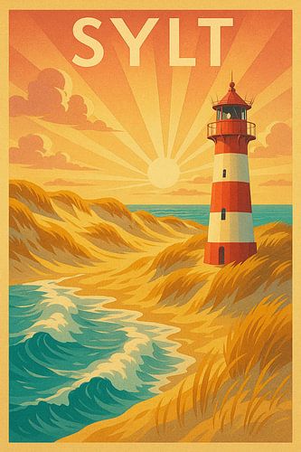 Sylt Vuurtoren Vintage Poster - Noordzeekust