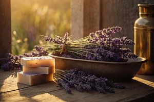 Lavande et savon à la lavande dans la lumière du matin