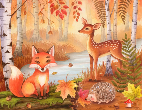 Skurrile Waldtiere im Herbst – handgemalte Aquarell-Bilderbuch-Illustration