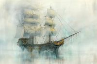 Painting of a large sailing ship, an old pirate ship, dreamy and mysterious, blue, gray, vintage, cl