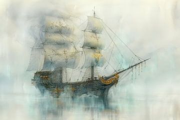 Painting of a large sailing ship, an old pirate ship, dreamy and mysterious, blue, gray, vintage, cl by Peter Pen Drawings and Paintings